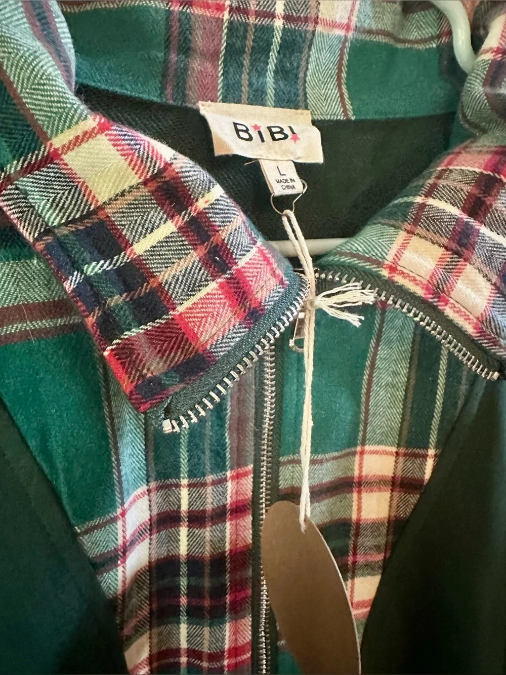 BiBi Green Juniper Pullover with Plaid Trim, Holiday, Christmas - Picture 2 of 4